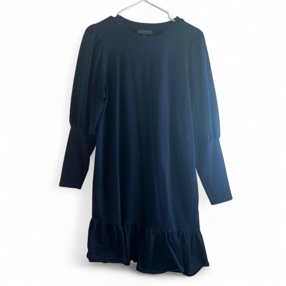 Eloquii Navy Puff-Sleeve Ruffle-Hem Mini Dress - Picture 3 of 8